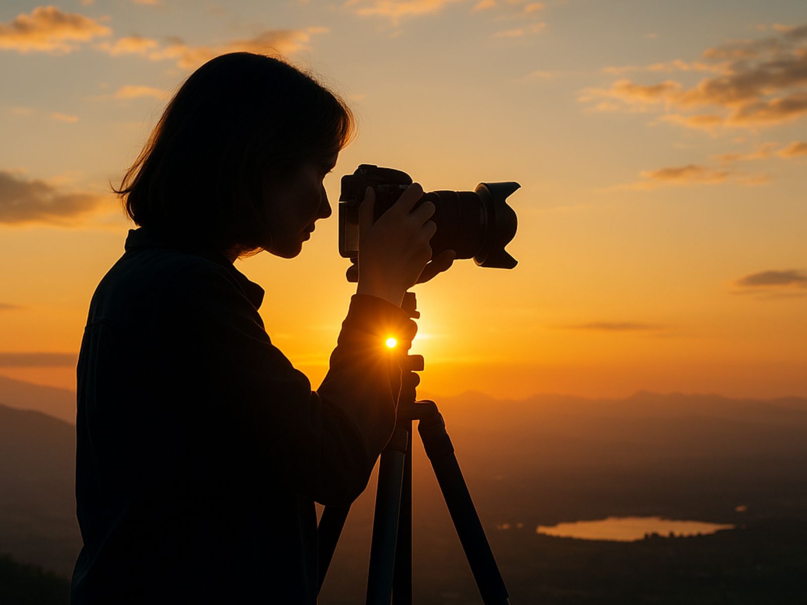 Fotografo al tramonto che scatta una foto paesaggistica